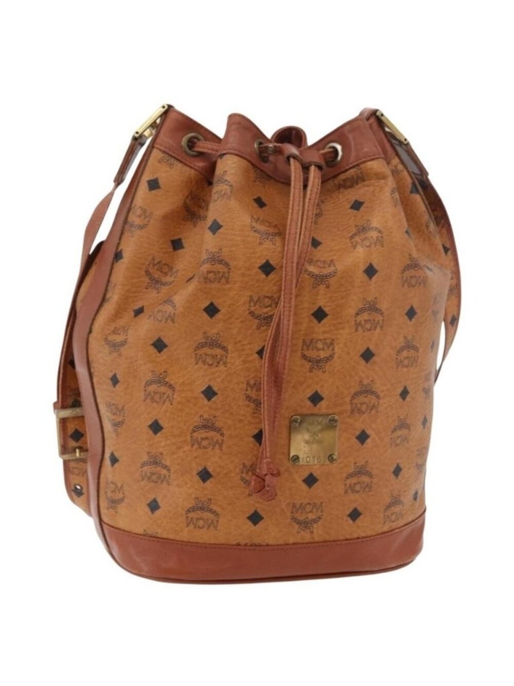 Authentic MCM Vicetos Logogram Drawstring Bag Bag PVC Leather Brown Gold